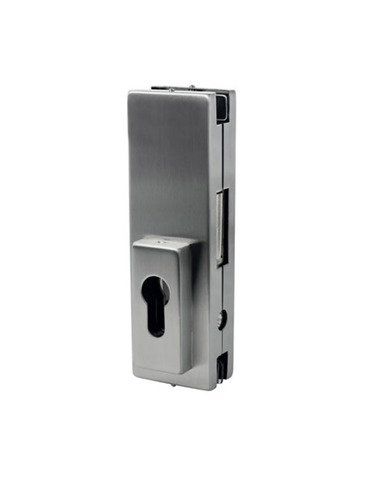 Centre lock patch fitting Designed for single-glazed frameless glass doors Suitable for 10-12mm toughened glass Prepared to accept a euro profile cylinder Suitable for frameless tempered glass door assemblies
