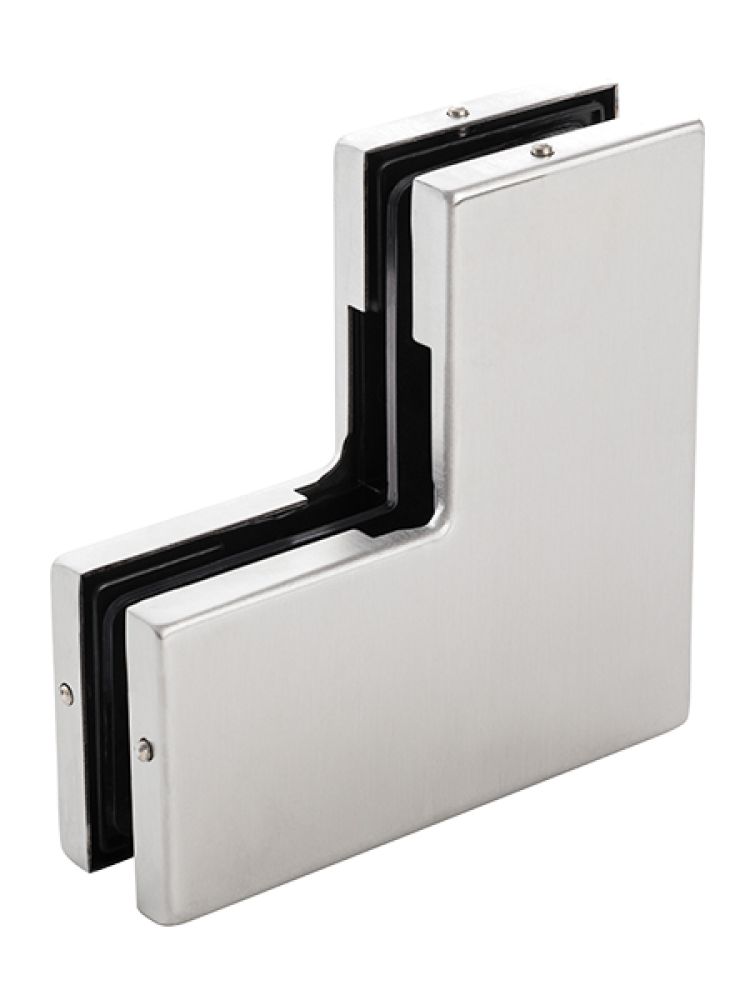 Over panel and side panel patch fitting Designed for frameless glass door assemblies Connects overhead and adjacent side glass panels Suitable for 10-12mm toughened glass Suitable for tempered glass door systems